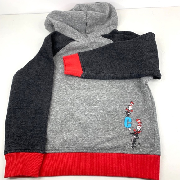 Boys /Kids Dr. Seuss Cat in the Hat raglan red grey pullover hoodie ears on hood - Picture 4 of 9